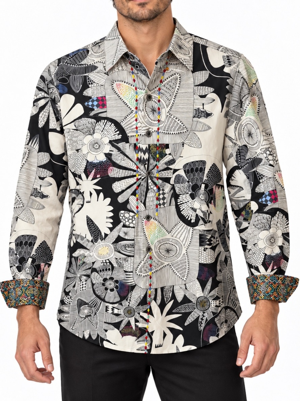 Robert Graham Men’s Large Black Cream Floral Embroidered Button Down Shirt